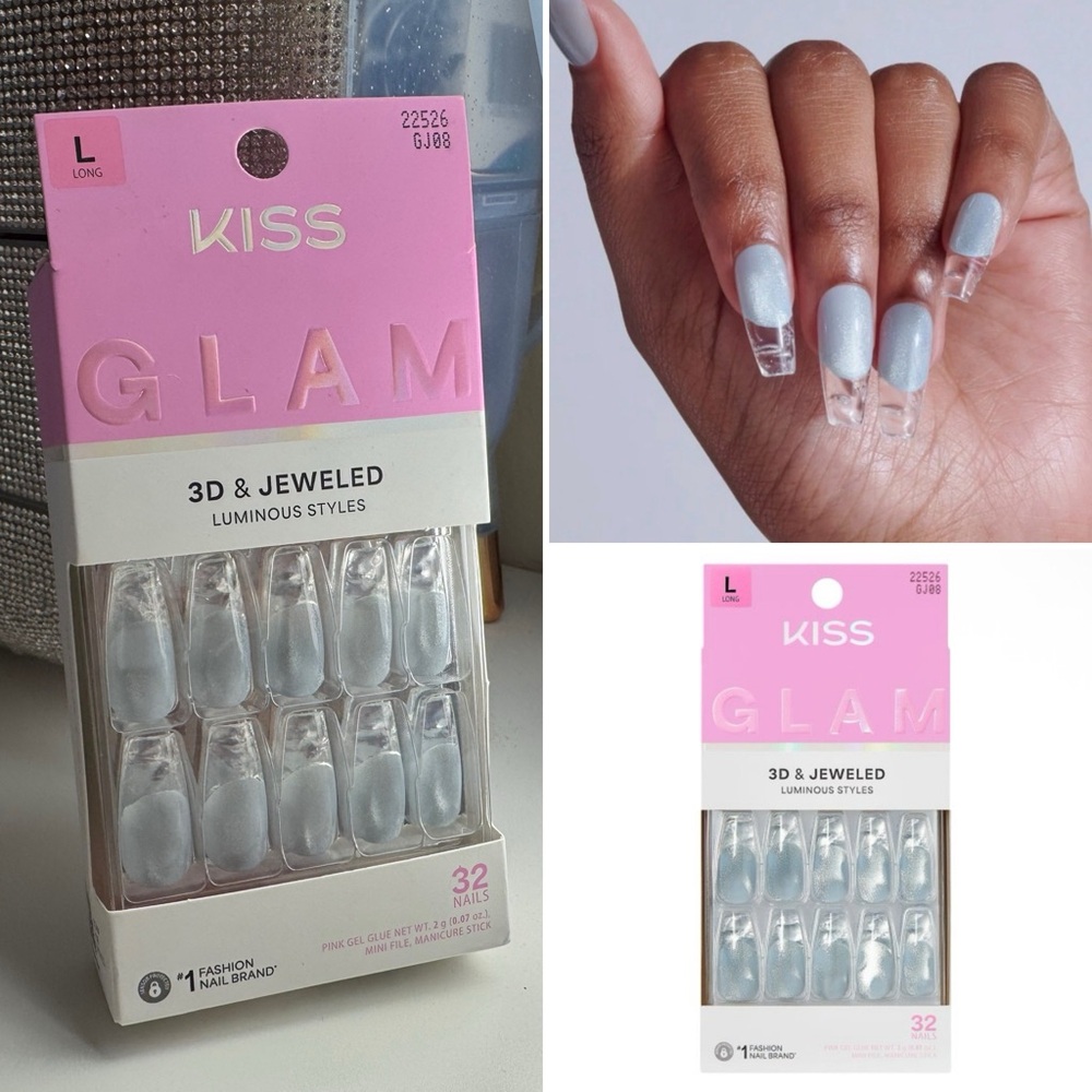 KISS GLAM 3D & Jewel Press On Nails Seraphic Blue Long Coffin Shaped